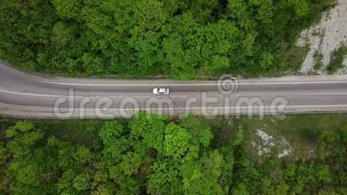 汽车在乡间小路上。 驶过常绿森林.. 顶部视图